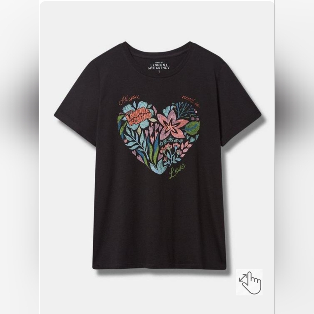 Torrid The Beatles "All You Need Is Love" Black Tshirt Floral Heart Size 5x